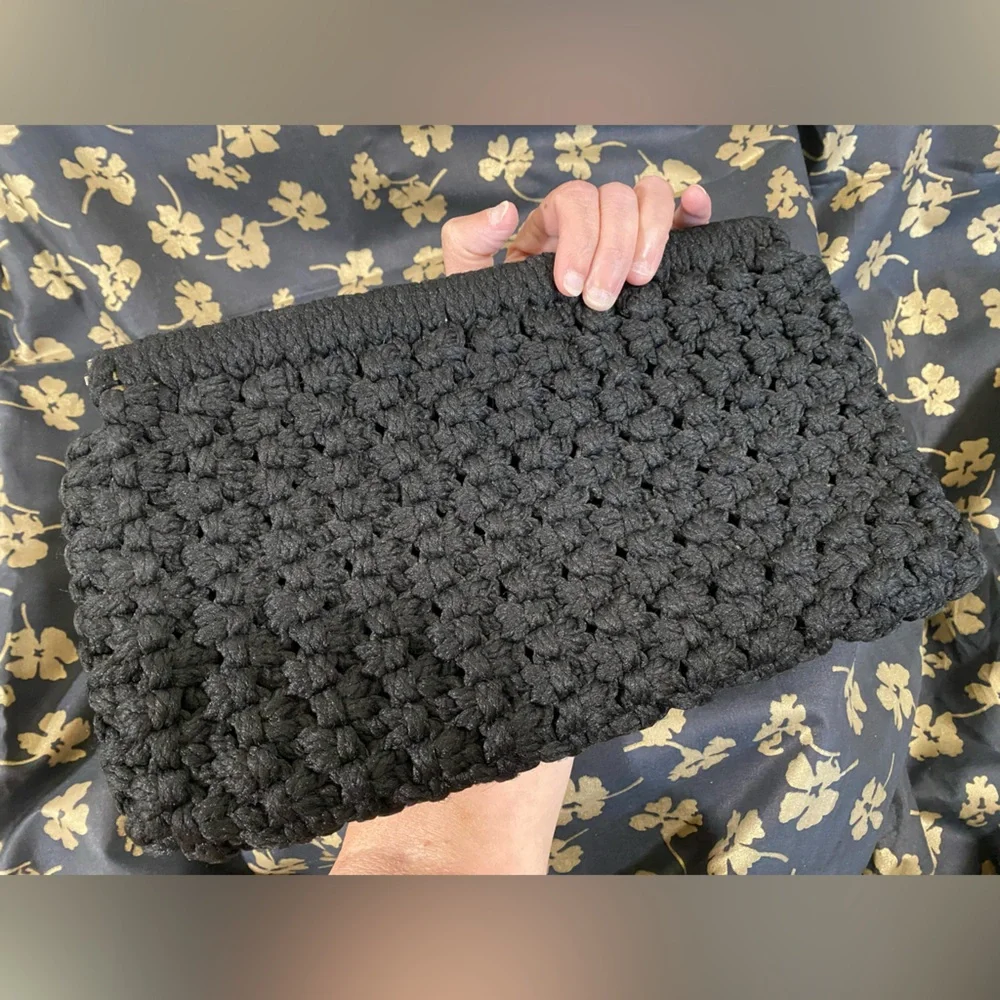 Vintage Black Crochet Clutch Purse Handbag Bobble Popcorn Stitch